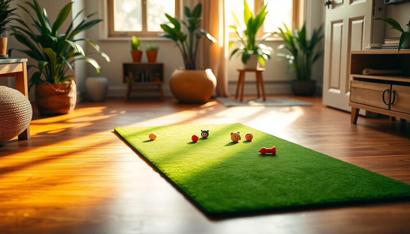 Nagermatte auf einem Holzfußboden mit dekorativen Spielzeugen und Pflanzen für natürlichen Wohnkomfort.