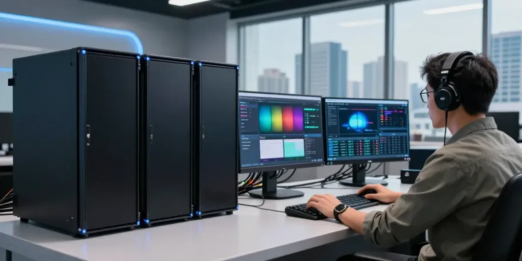 Technician managing an IPTV server setup with multiple screens displaying streaming data.
