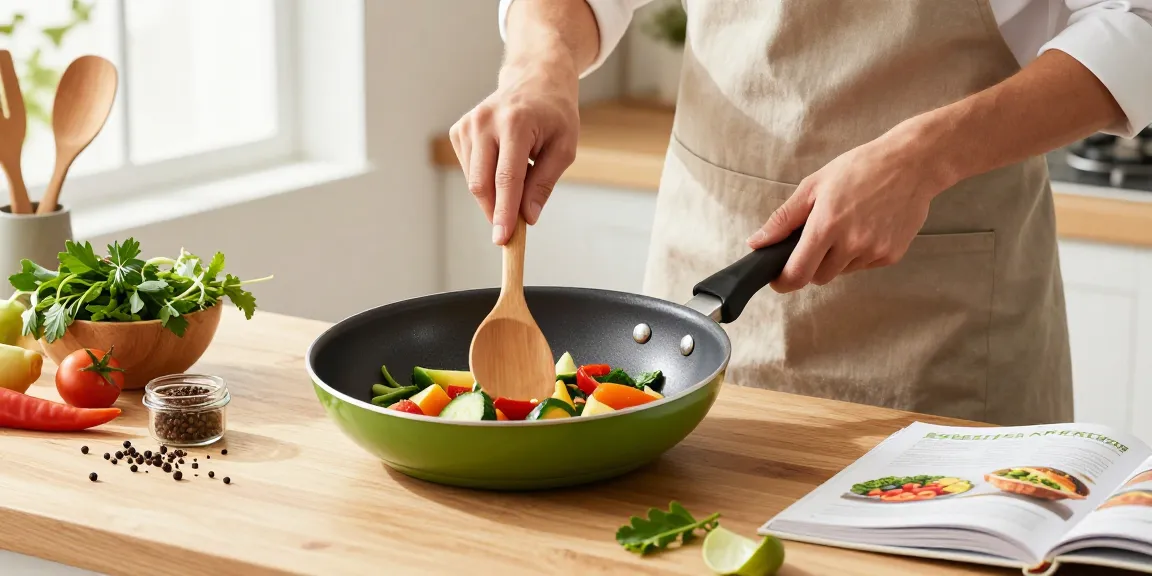 Eine ptfe freie Pfanne von GreenKitchen in einer hellen Küche, während ein Koch frisches Gemüse anbrät und ein gesundes Rezept zubereitet.