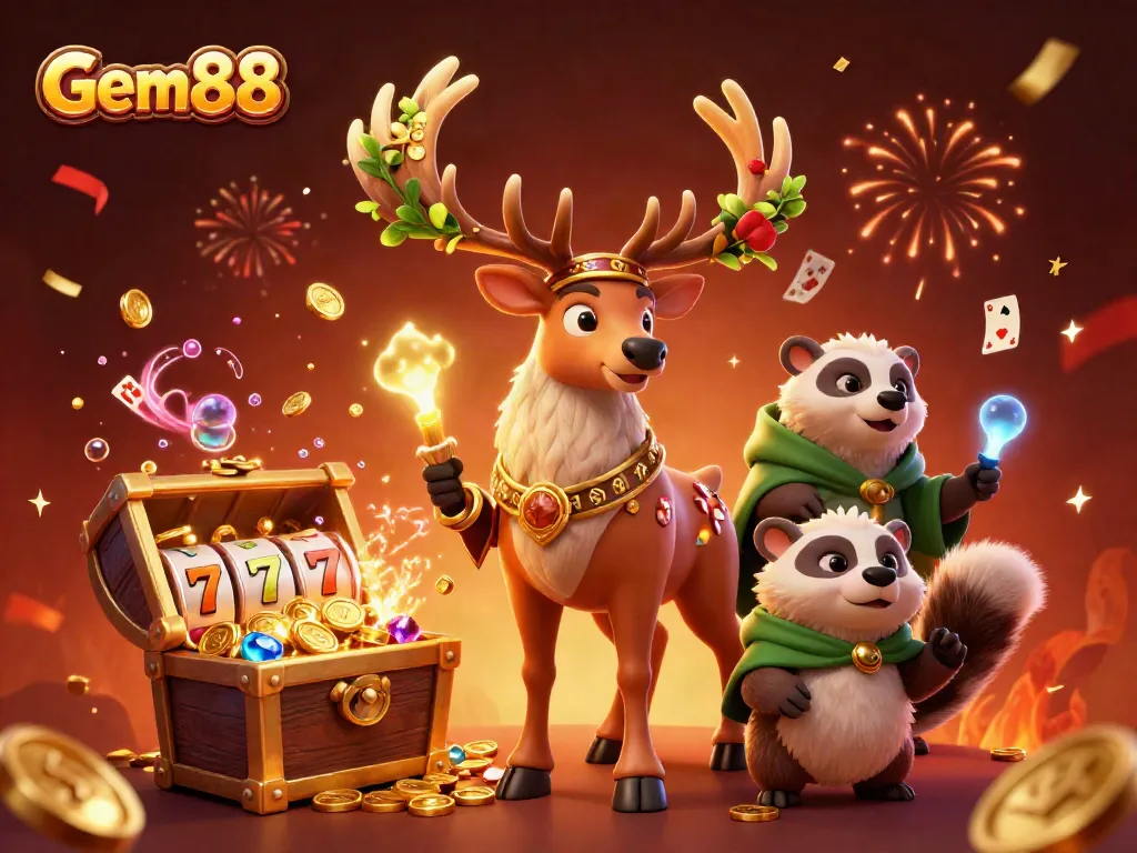 Experience Gem88's vibrant gaming world with a Celtic druid and magical elements in an exciting casino scene.