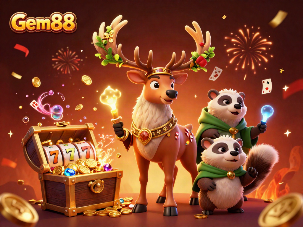 Experience Gem88's vibrant gaming world with a Celtic druid and magical elements in an exciting casino scene.