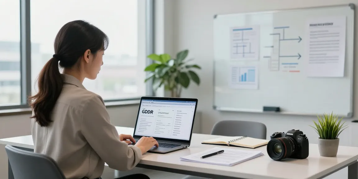 Startseite für Datenschutzberatung: Professioneller Berater in modernem Büro mit Notizen und Laptop.