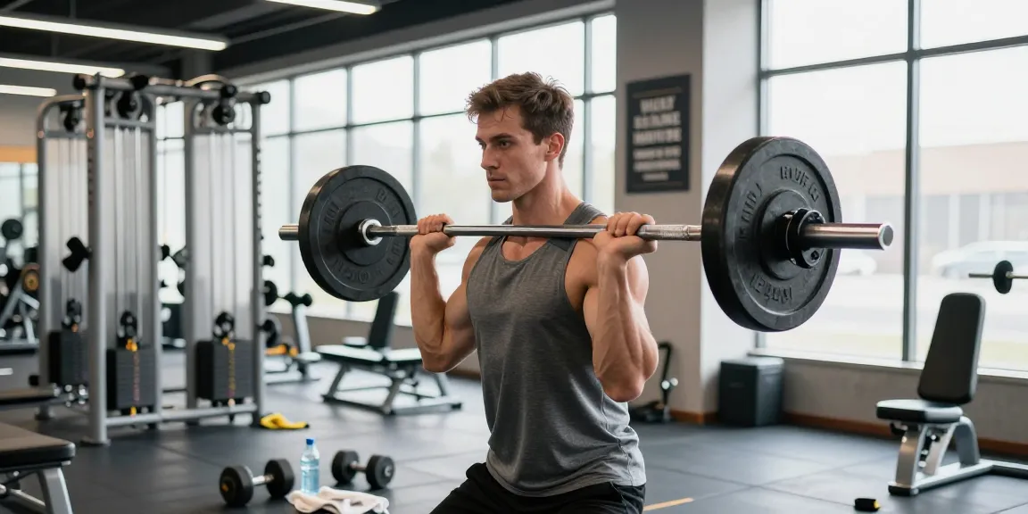 Sportlicher Mann, der im Fitnessstudio von Steroidshop mit Gewichten trainiert, zeigt Stärke und Entschlossenheit in einer hellen, motivierenden Umgebung.