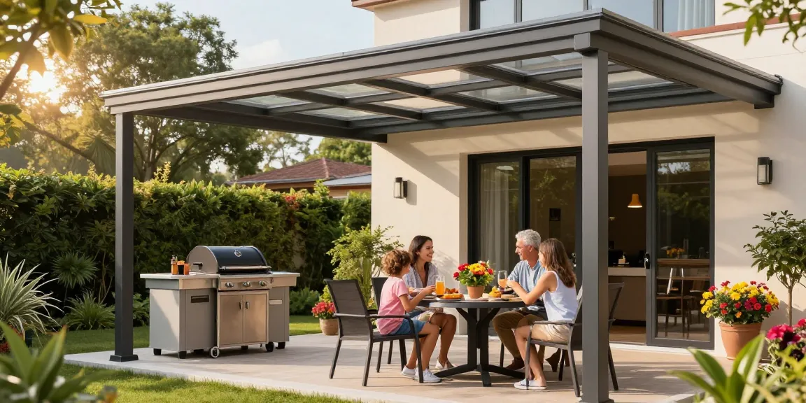 Moderne Terrassenüberdachung mit Familie beim Grillen im Garten