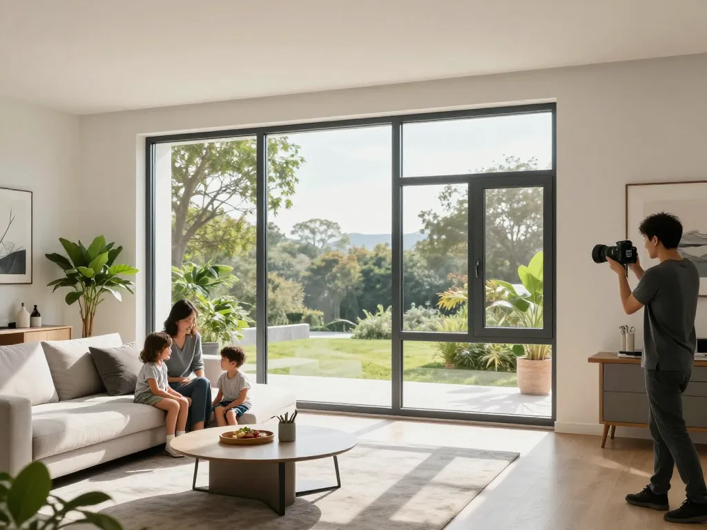 Heller Wohnraum mit fenster schüco Aluminiumfenstern, der modernes Design und Eleganz zeigt.
