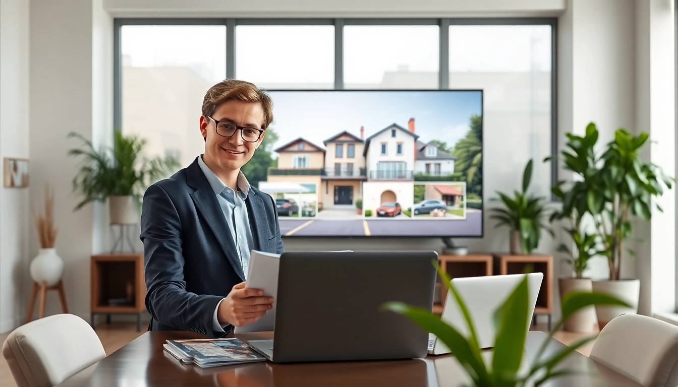 Immobilienmakler Frankfurt Sachsenhausen präsentiert moderne Immobilien in einem einladenden Büro.