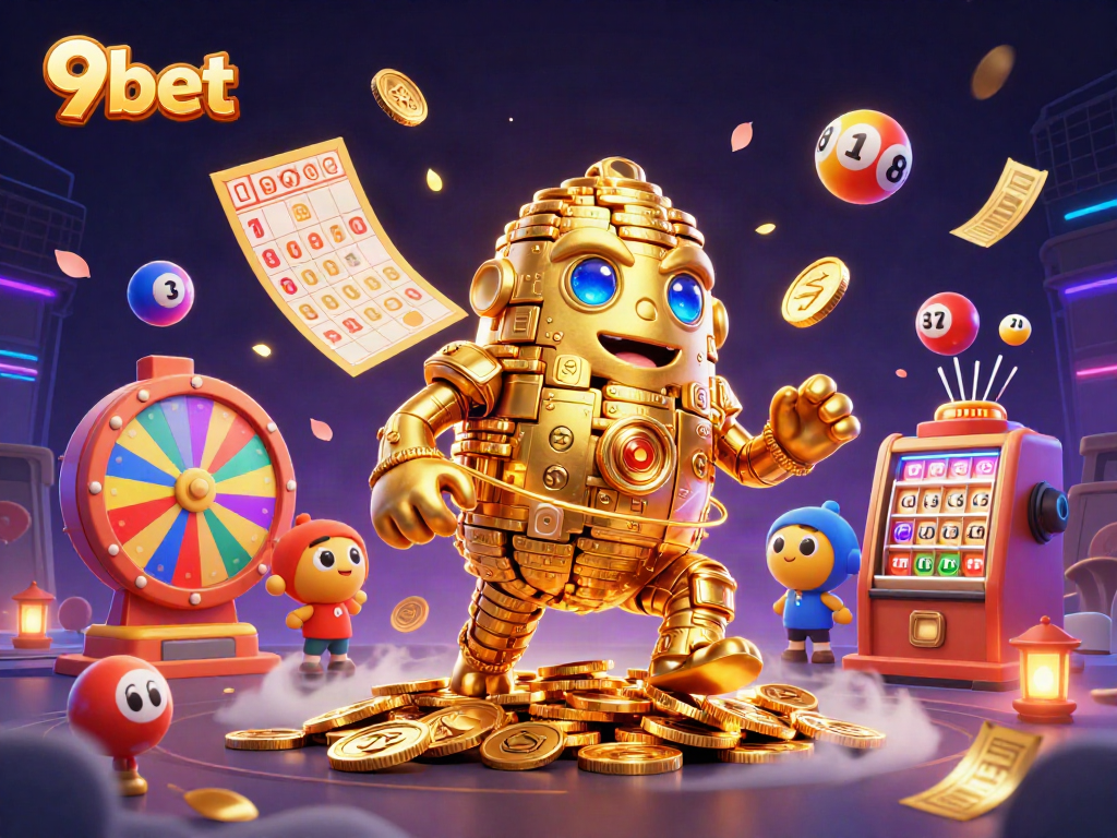 Engage with thrilling games and bonuses at 9bet, featuring vibrant lottery balls and a golden golem.