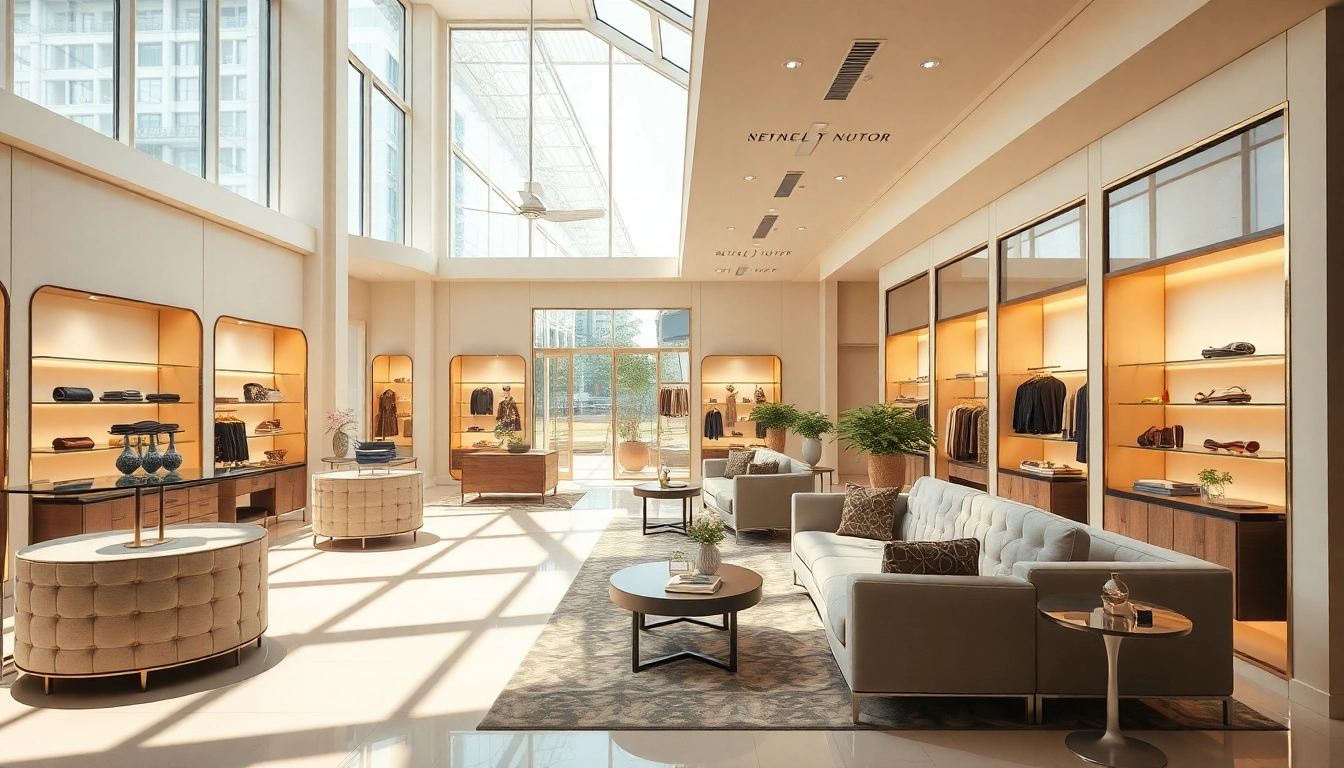 Luxury retail interior showcasing an elegant design with plush seating and beautiful merchandise.