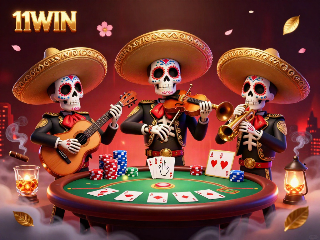 Experience the vibrant world of 11WIN with a lively mariachi band and poker scene in stunning 3D detail.