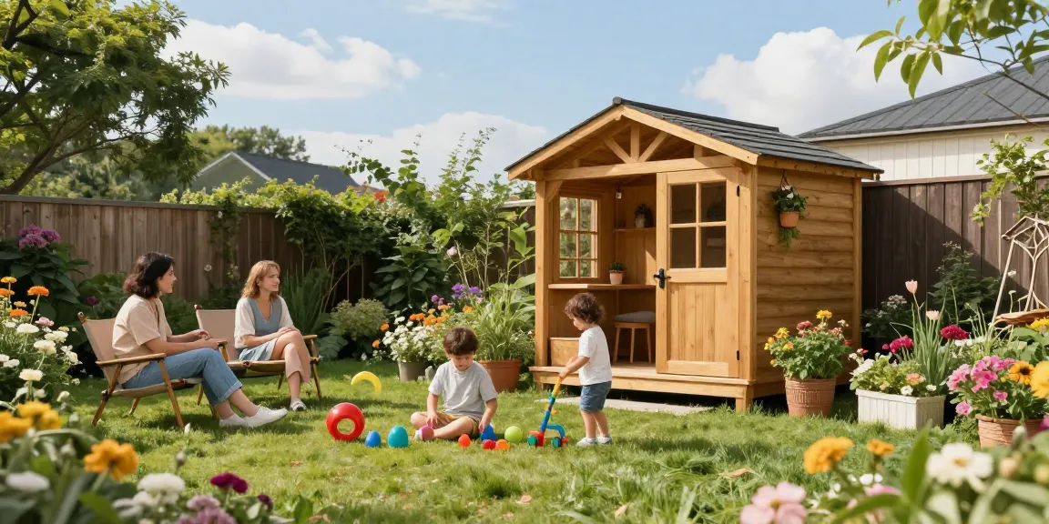Gartenhaus kaufen: Familie genießt ihren Garten mit einem neuen Holz-Gartenhaus und blühenden Blumen.
