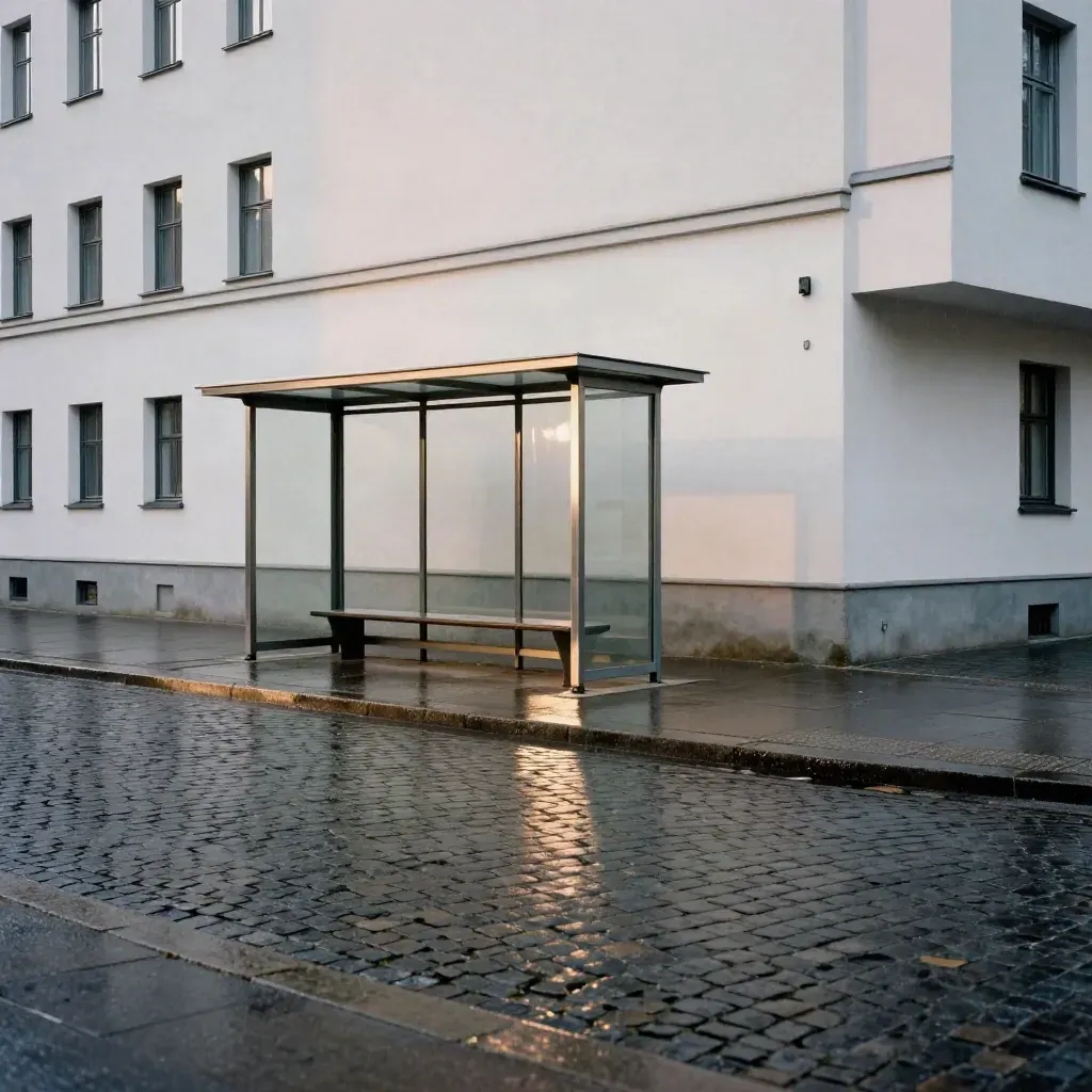 Weimarer Bauhaus-Fassade nach dem Regen mit nassen Pflastersteinen und ruhiger Haltestelle.