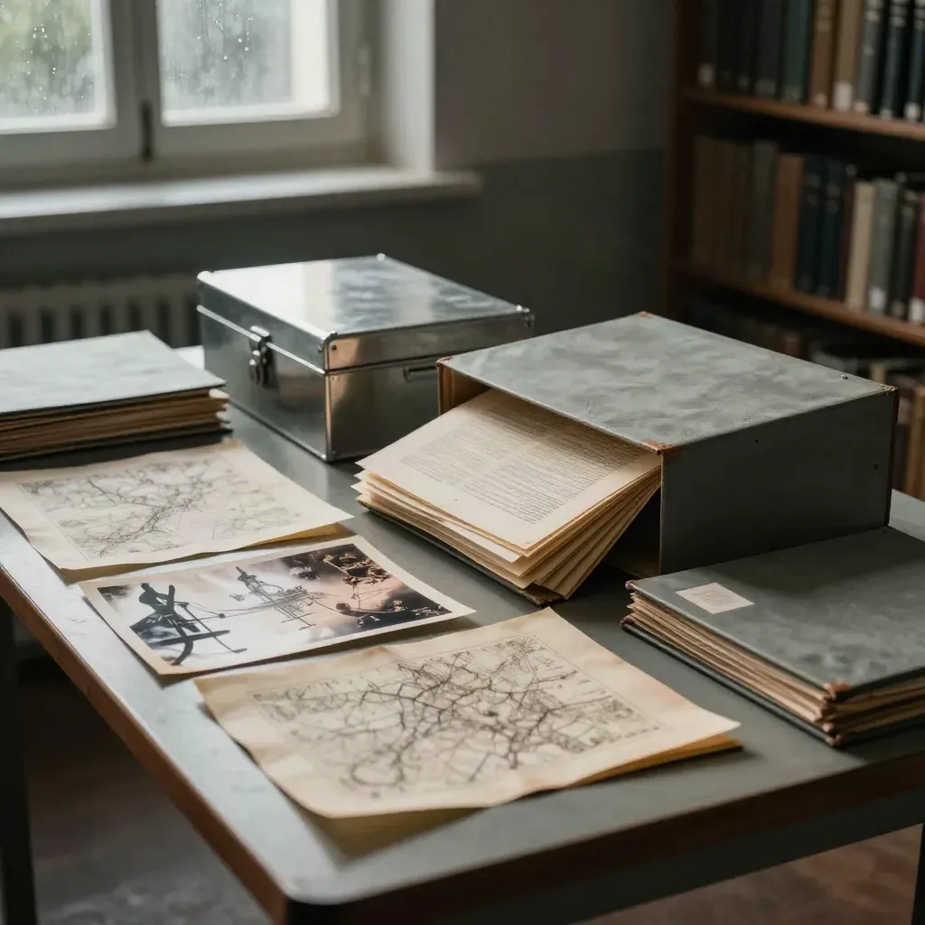 Offener Archivkarton mit Faksimiles, alten Fotos und Karten im feuchten Nachmittagslicht.