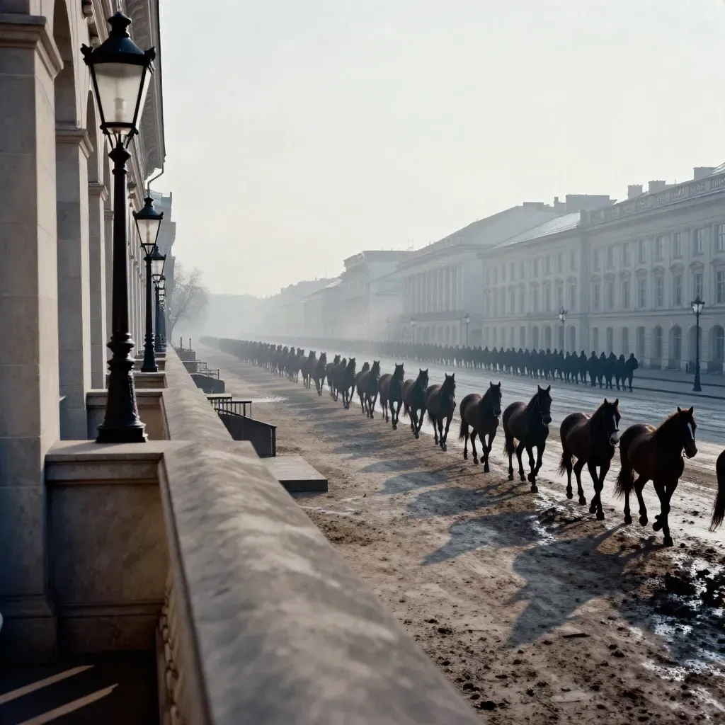 Kaiserzeitliche Allee mit Steinbauten, Laternen und winterlichem Matsch von oben