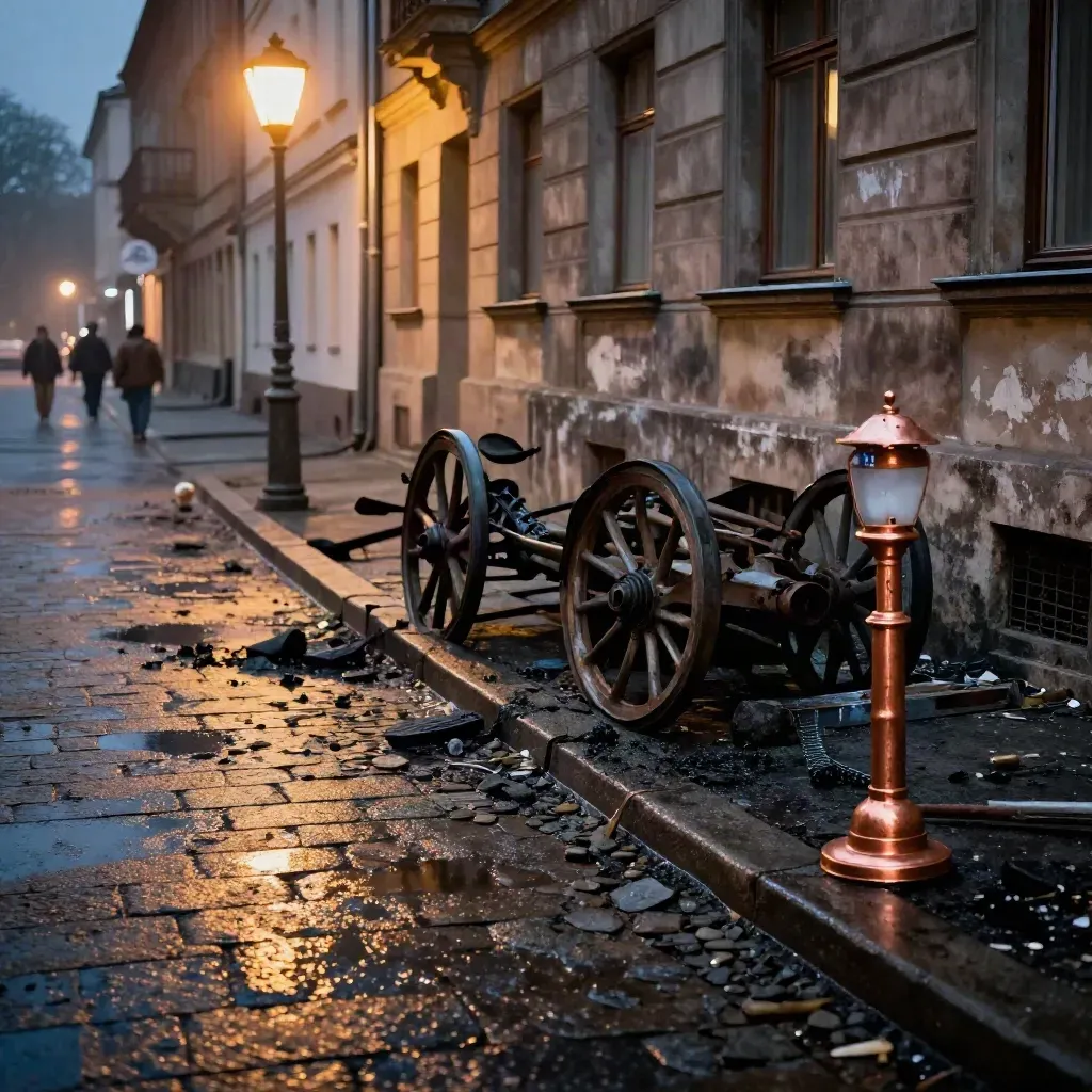 Rauchige Berliner Gasse mit Barrikadenresten, nassen Pflastersteinen und verrußten Fassaden.