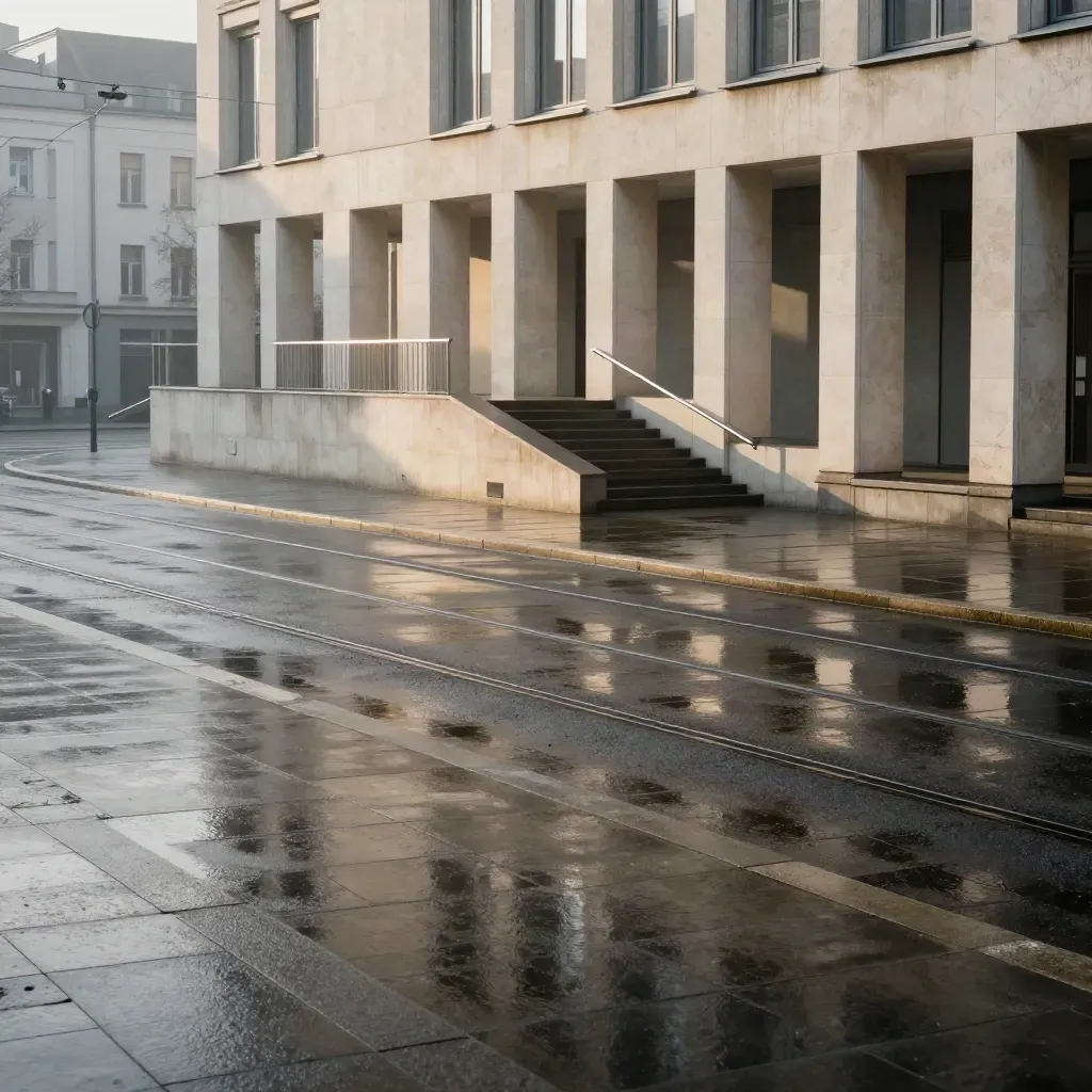 Leerer Weimarer Stadtplatz mit nassen Tramlinien, moderner Fassade und Treppen im Morgenlicht.