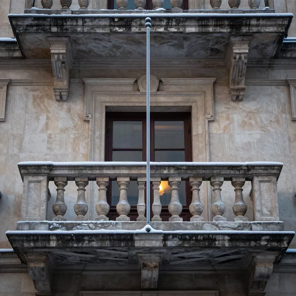 Verlassener Kaiserbalkon mit leerer Fahnenstange, Schnee und grauer Winterpatina