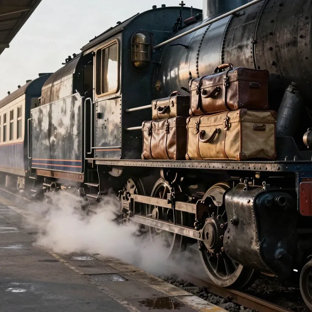 Dampflok am Bahnsteig, Reisetaschen und dichte Dampfwolke im Abfahrtsmoment.