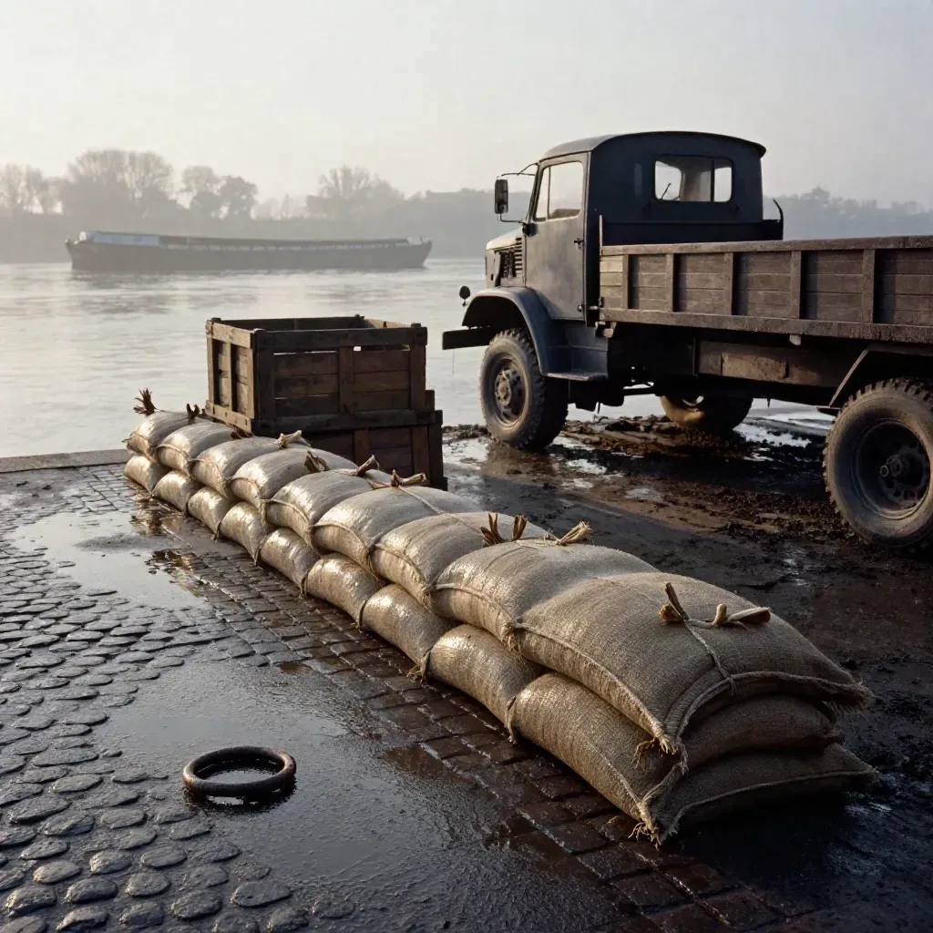 Sandgesackte Uferstraße am Rhein 1923 mit Lastwagen im Morgennebel