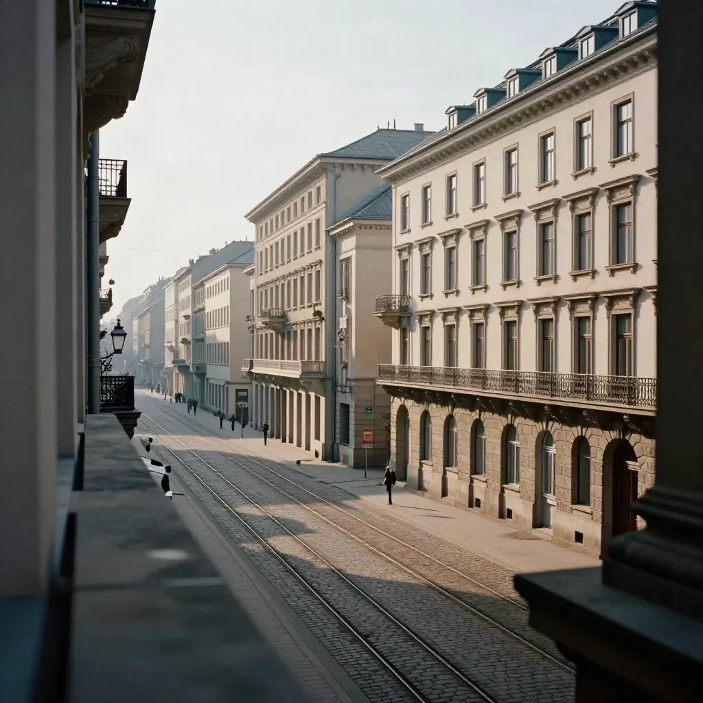 Kaiserzeitliche Prachtstraße mit Schienen im Pflaster und winterhellem Himmel von oben.