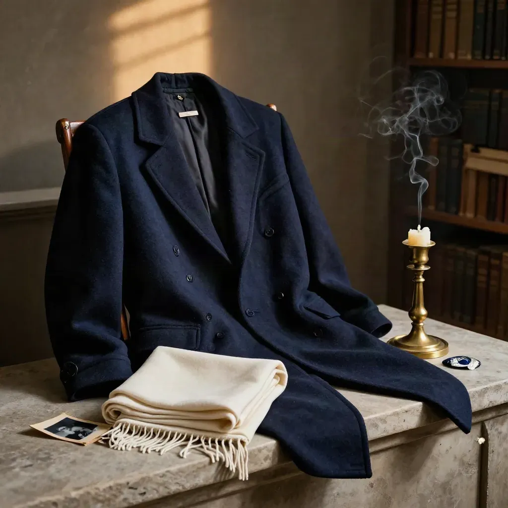 Navy-Mantel, Tallit und Kerzenhalter vor dunkler Wand im Archiv.
