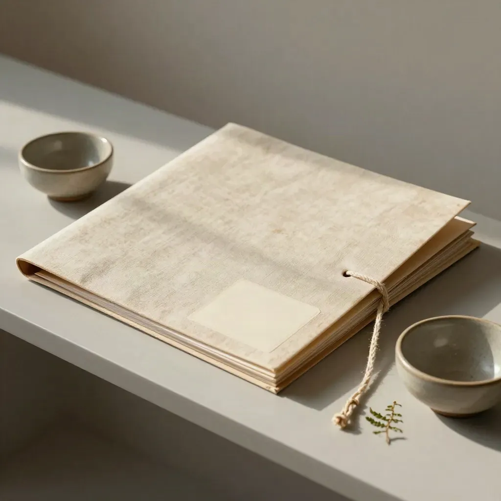 Linengebundener Archivordner mit Schälchen und Farn auf hellem Holz