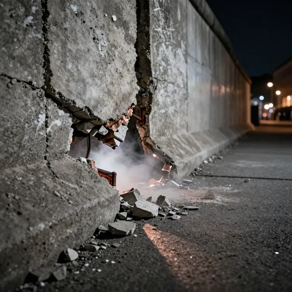Aufgebrochene Berliner Mauer bei Nacht mit Staub und Betonbruch