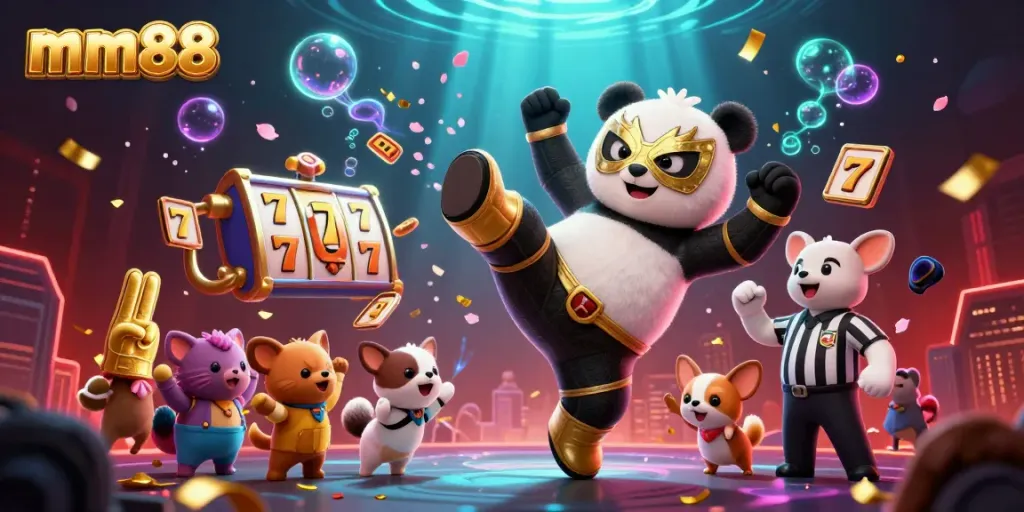 Experience thrilling gameplay at mm88 with a vibrant 3D panda wrestler and cheering crowd in action.