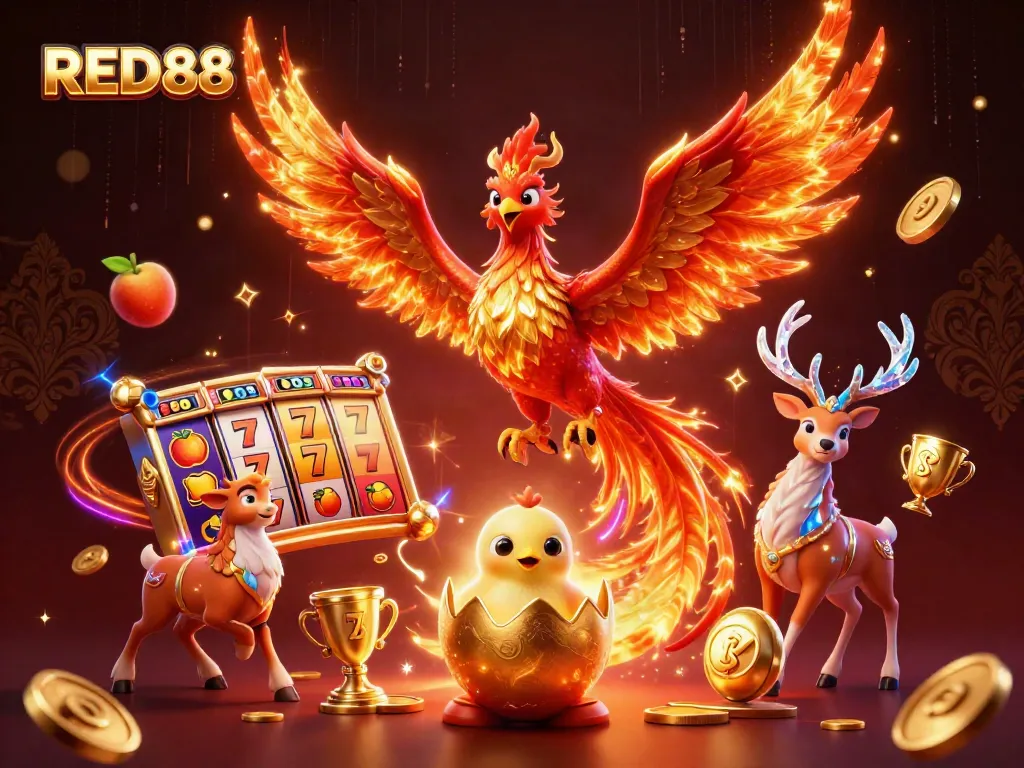 Experience the thrill of playing RED88 with dynamic slot reels and a hatching phoenix in an electrifying casino scene.
