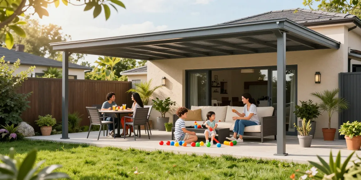 Terrassenüberdachungen im Einsatz: Eine Familie genießt den sonnigen Nachmittag unter einer modernen Überdachung.