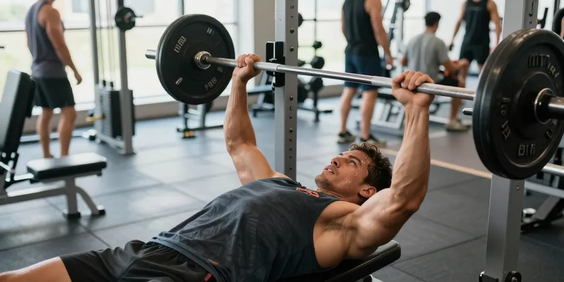 Bodybuilder im Anabolika Shop beim Bankdrücken, umgeben von Fitnessgeräten, motivierende Atmosphäre, starke Ausstrahlung.