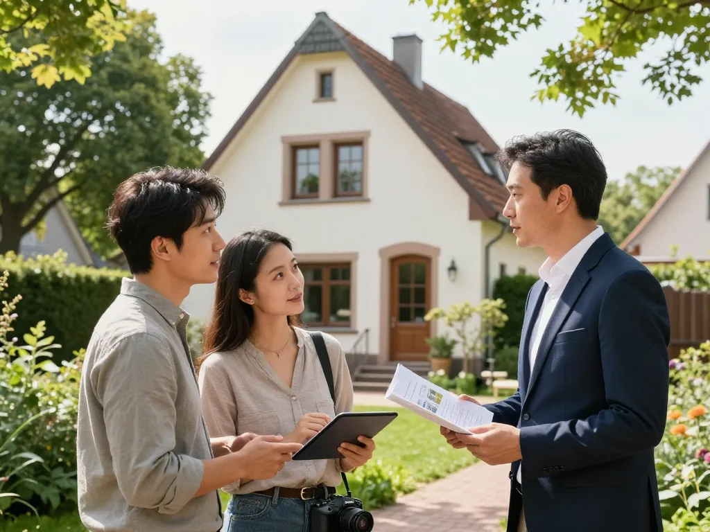 Immobilienmakler Frankfurt Ginnheim bespricht die Details der Immobilie mit Kunden in einem charmanten Zuhause mit urbanem Grün.