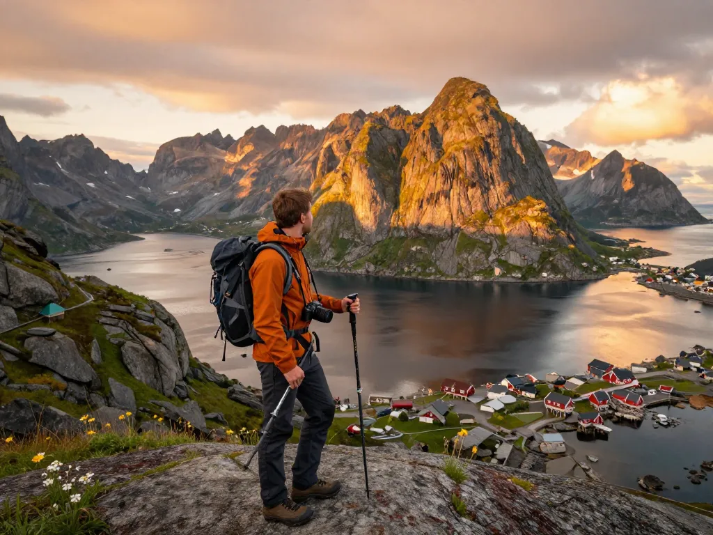 Skandinavien Reisetipps: Ein Reisender auf den Lofoten, der atemberaubende Landschaften bei Sonnenuntergang festhält.