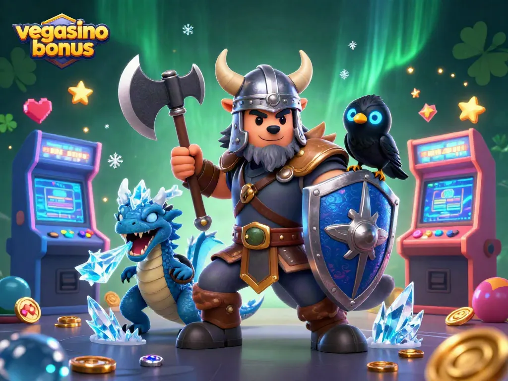 Engage with the vegasino bonus while navigating a vibrant casino adventure with a Viking wolf warrior.