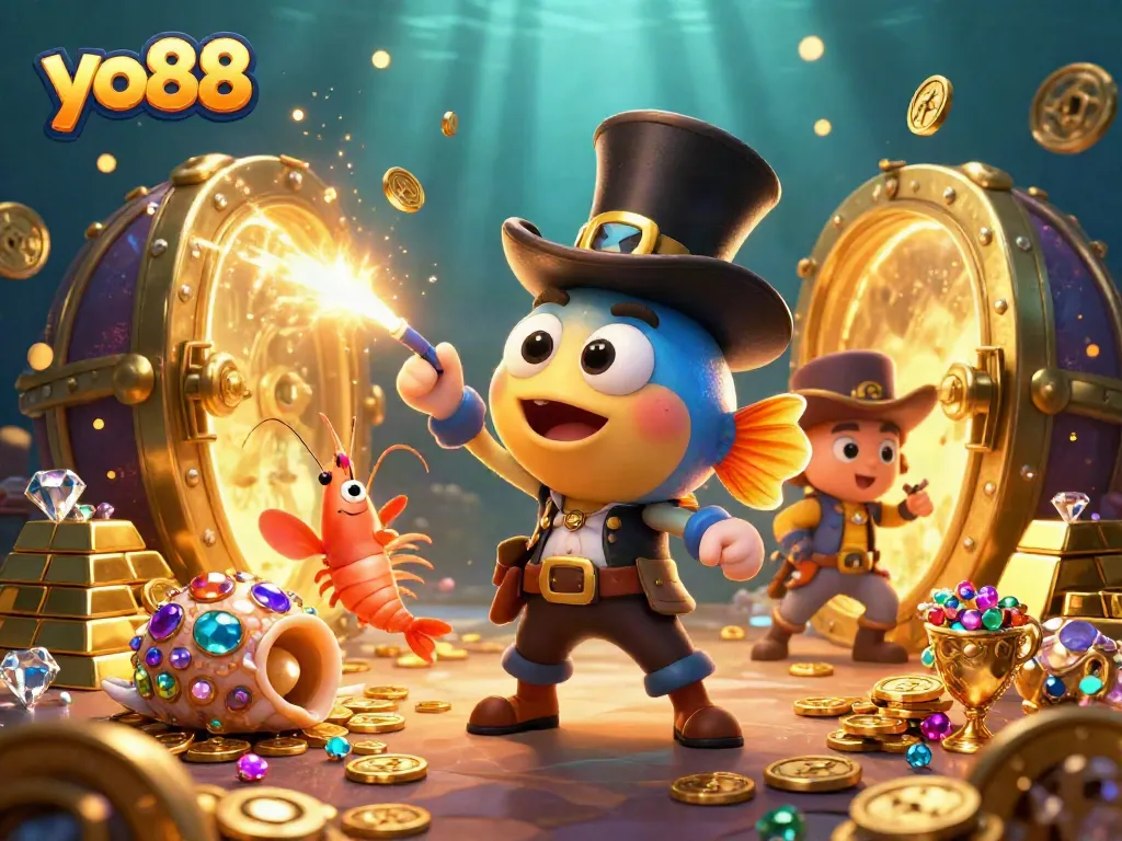 Spin golden coins with yo88's deep-sea anglerfish and pirate shrimp in a vibrant casino scene.