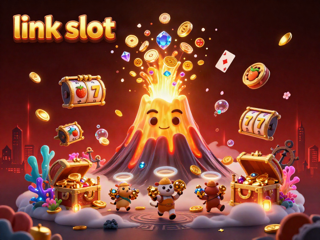 Experience thrilling gameplay with link slot as a golden volcano erupts coins, symbols, and treasure.