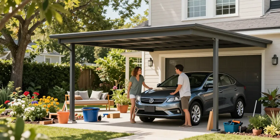Moderne Carport-Szene mit einem Paar, das glücklich ihr Auto parkt, umgeben von einem gepflegten Garten.