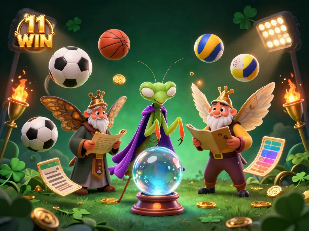 Engage in thrilling gameplay at 11 WIN, featuring a vibrant casino scene with animated sports elements and mystical characters.