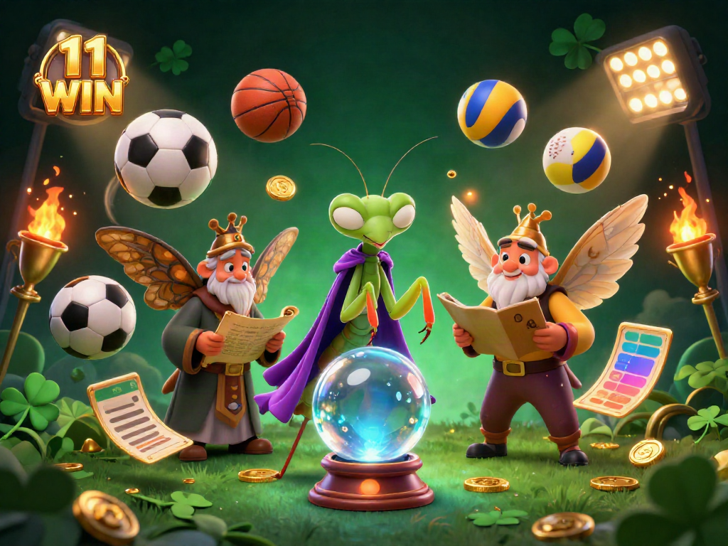 Engage in thrilling gameplay at 11 WIN, featuring a vibrant casino scene with animated sports elements and mystical characters.