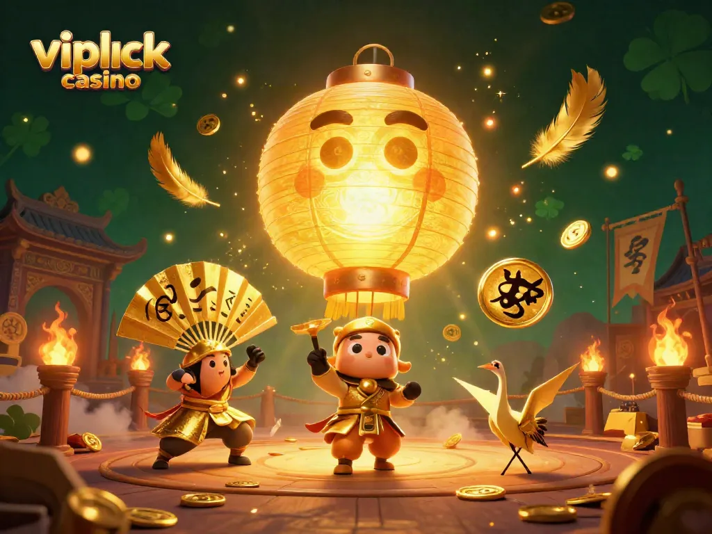 Experience the excitement at vipluck casino with golden lantern spirits, warriors, and dynamic gaming elements all around.