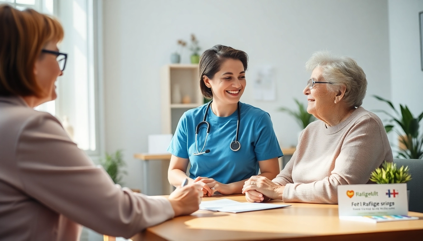 Verstärken Sie pflegedienst werbung durch ein freundliches Gespräch zwischen Pflegeberater und Patient, um Vertrauen zu schaffen.