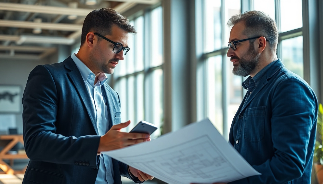 Headhunter Ingenieure beraten in modernem Büro mit Bauplänen und digitalen Geräten.