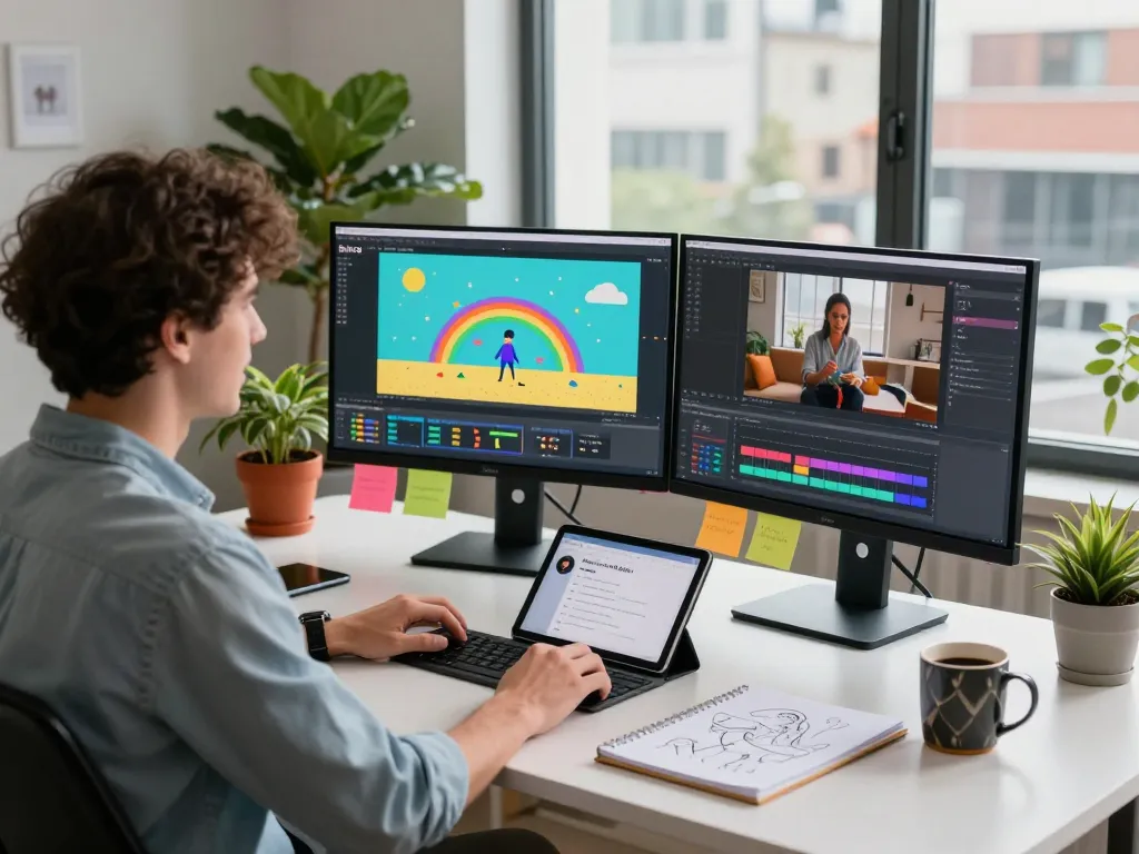 Kling 2.6 motion control in action, showcasing a vibrant workspace where a content creator animates scenes using advanced technology.