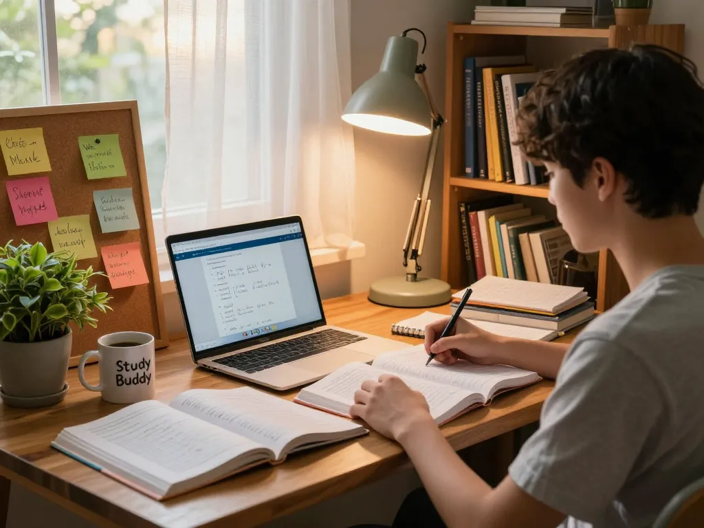 Student nutzt die Hausaufgaben Löser-App auf dem Laptop in einem gemütlichen Homeoffice
