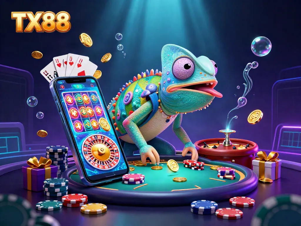 Engage with thrilling TX88 gaming experience featuring a colorful chameleon casino owner amidst dynamic gaming elements.