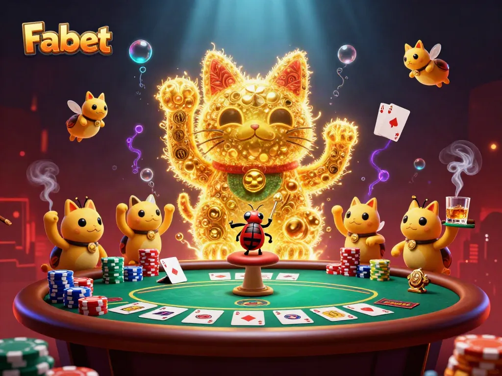 Fabet engages players with a lucky cat and vibrant poker elements, creating an exciting casino atmosphere.