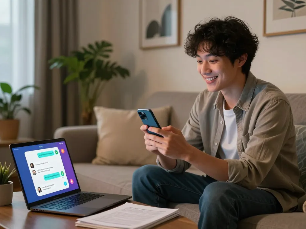 Inviting living room scene depicting a user engaged in sex AI chat with a digital chatbot, showcasing emotional connections.