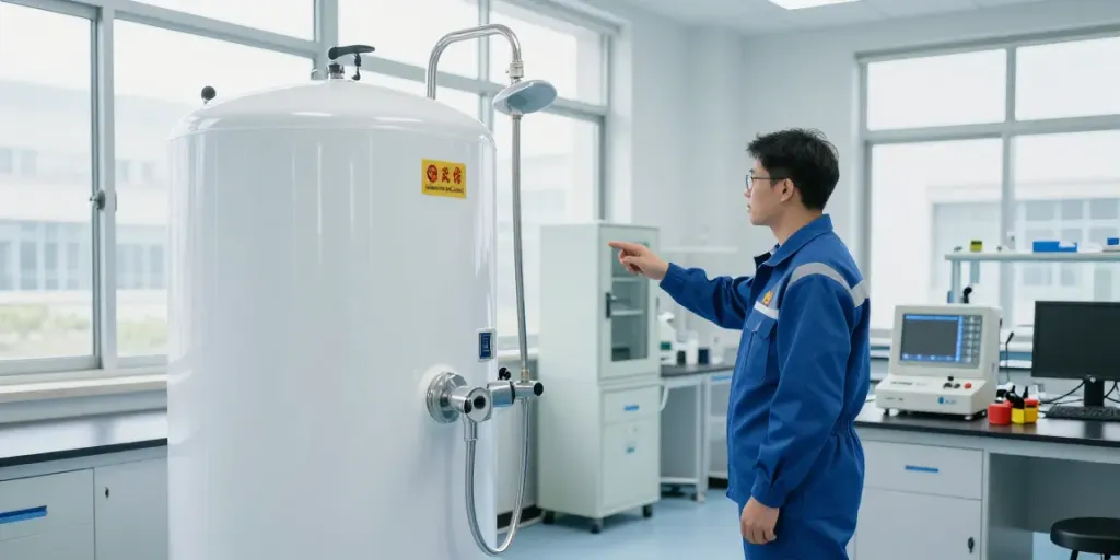 Tanknotdusche für Industrie inspected by a safety officer in a clean lab environment