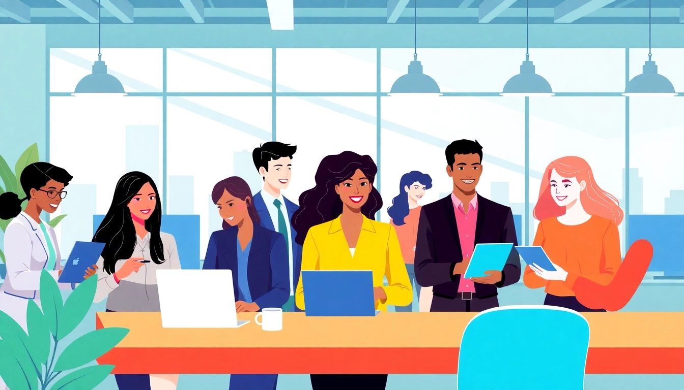 Discover Stellenangebote through a vibrant and collaborative job search illustration showcasing modern professionals.