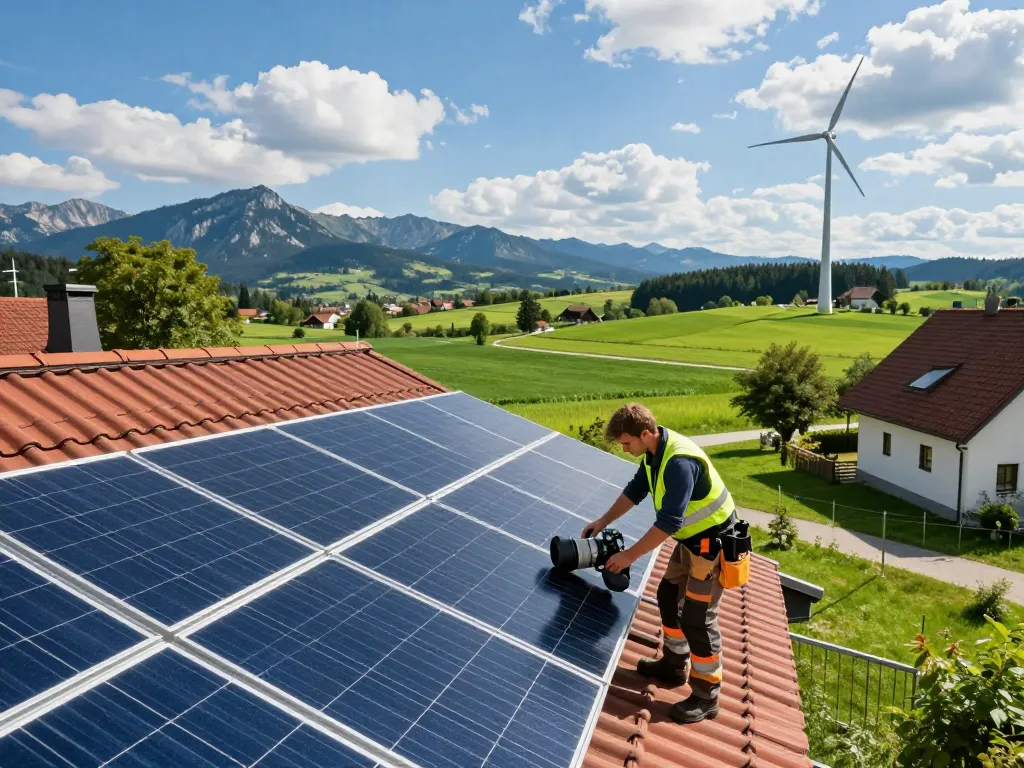 Techniker für Photovoltaik Bayern inspiziert Solarpanels in bayerischer Landschaft