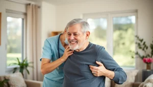 Pflegedienst: Eine freundliche Pflegekraft hilft einer älteren Person in ihrem Wohnzimmer.